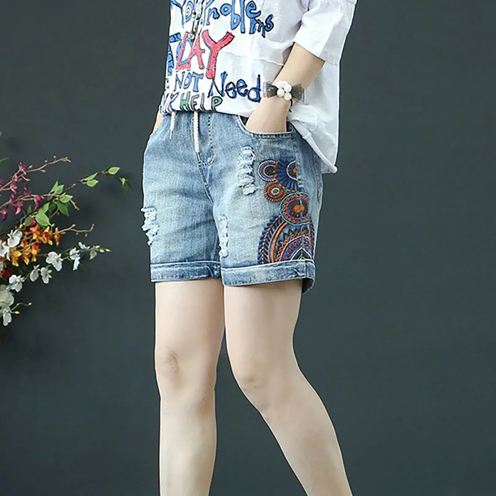 Aesthetic Denim Women 2024 New Kawaii Cute Printed Jeans Femme Summer Shorts