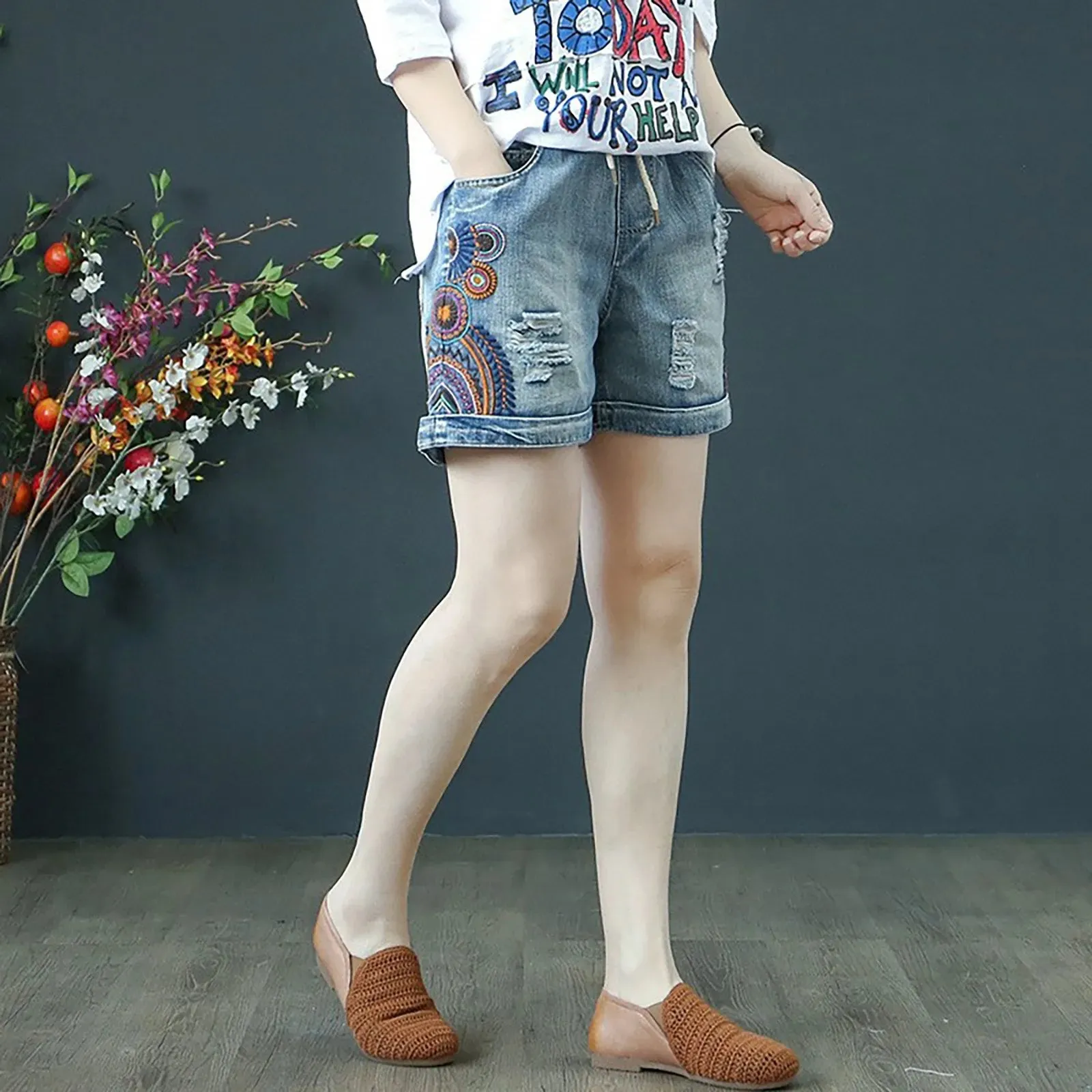 Aesthetic Denim Women 2024 New Kawaii Cute Printed Jeans Femme Summer Shorts