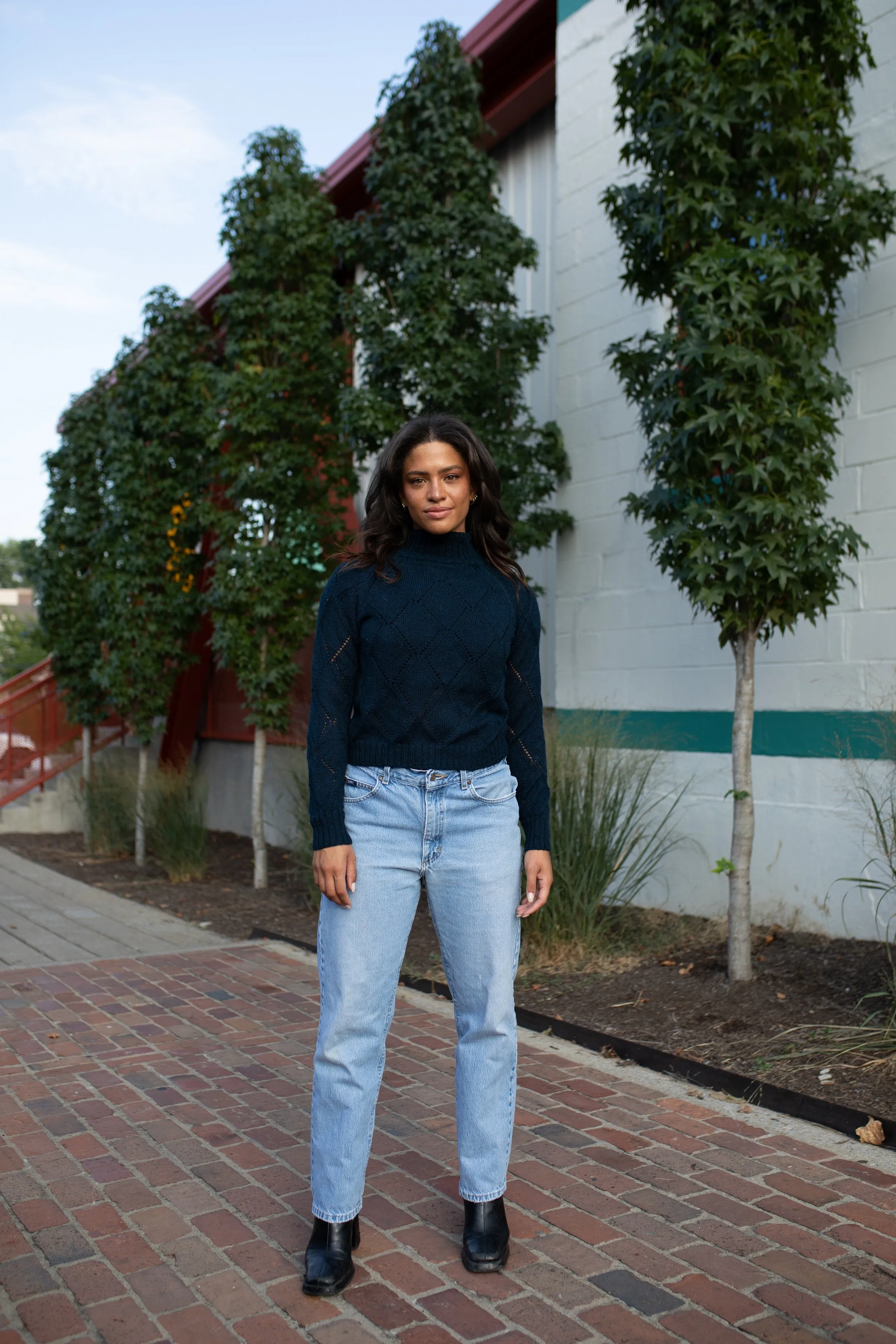 Baby Alpaca Lace Knit Mock Pullover in Navy - Pre-Order 2/30