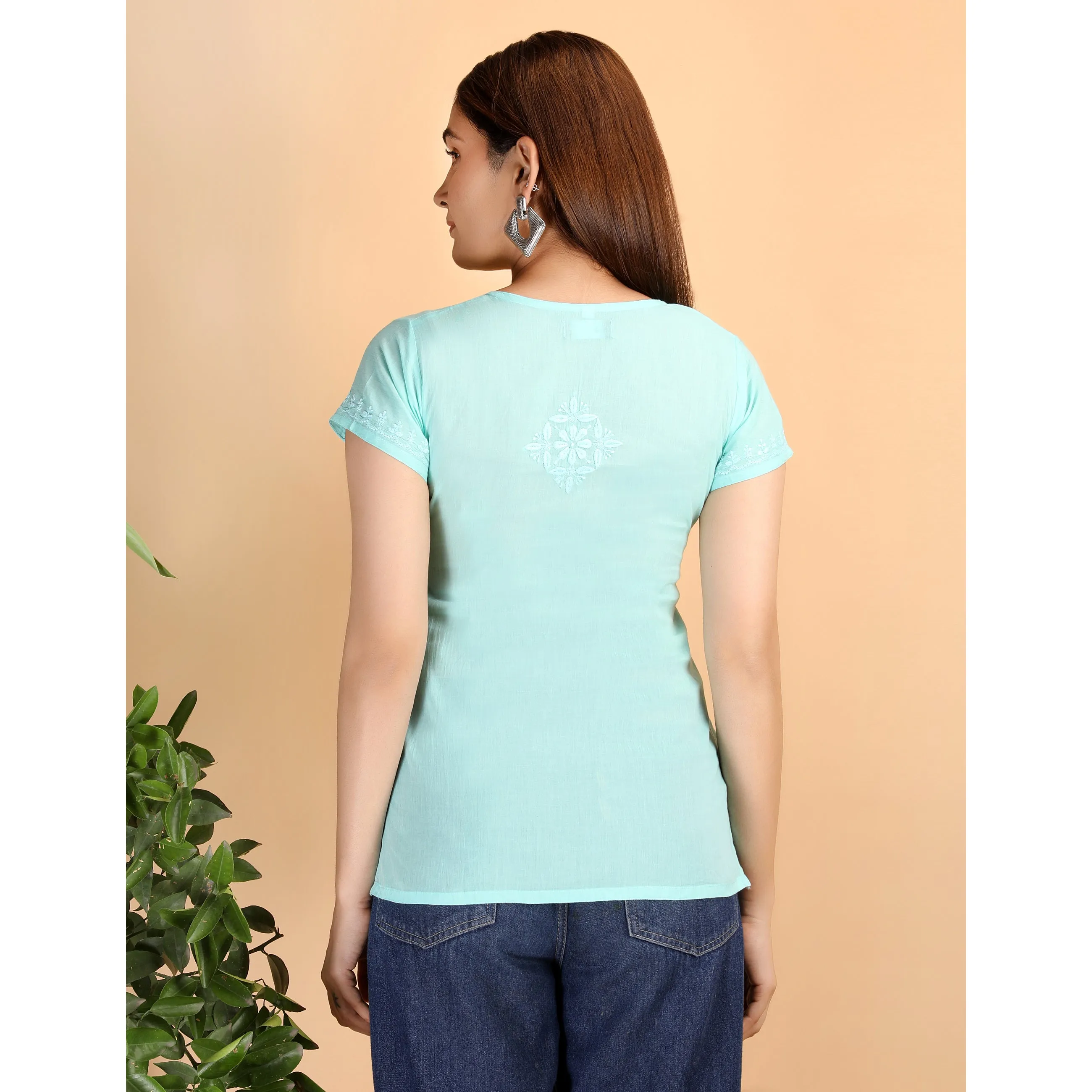 Blue - Shwet Women Sea Green Chikankari Cotton Short Top