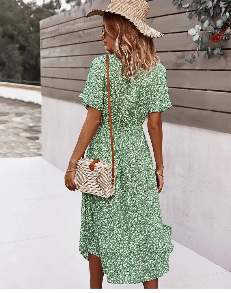 Boho Chic Floral Print V-Neck Button Beach Casual Summer Midi Dress