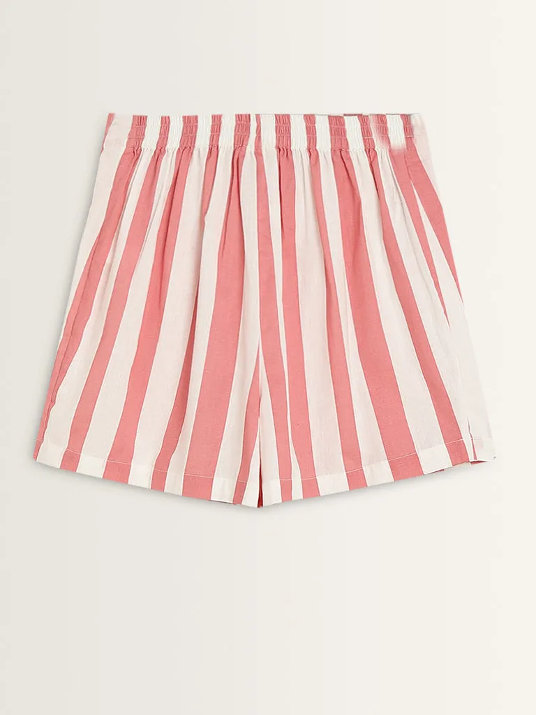 Bombay Paisley Coral Stripe Printed High-Rise Cotton Skort