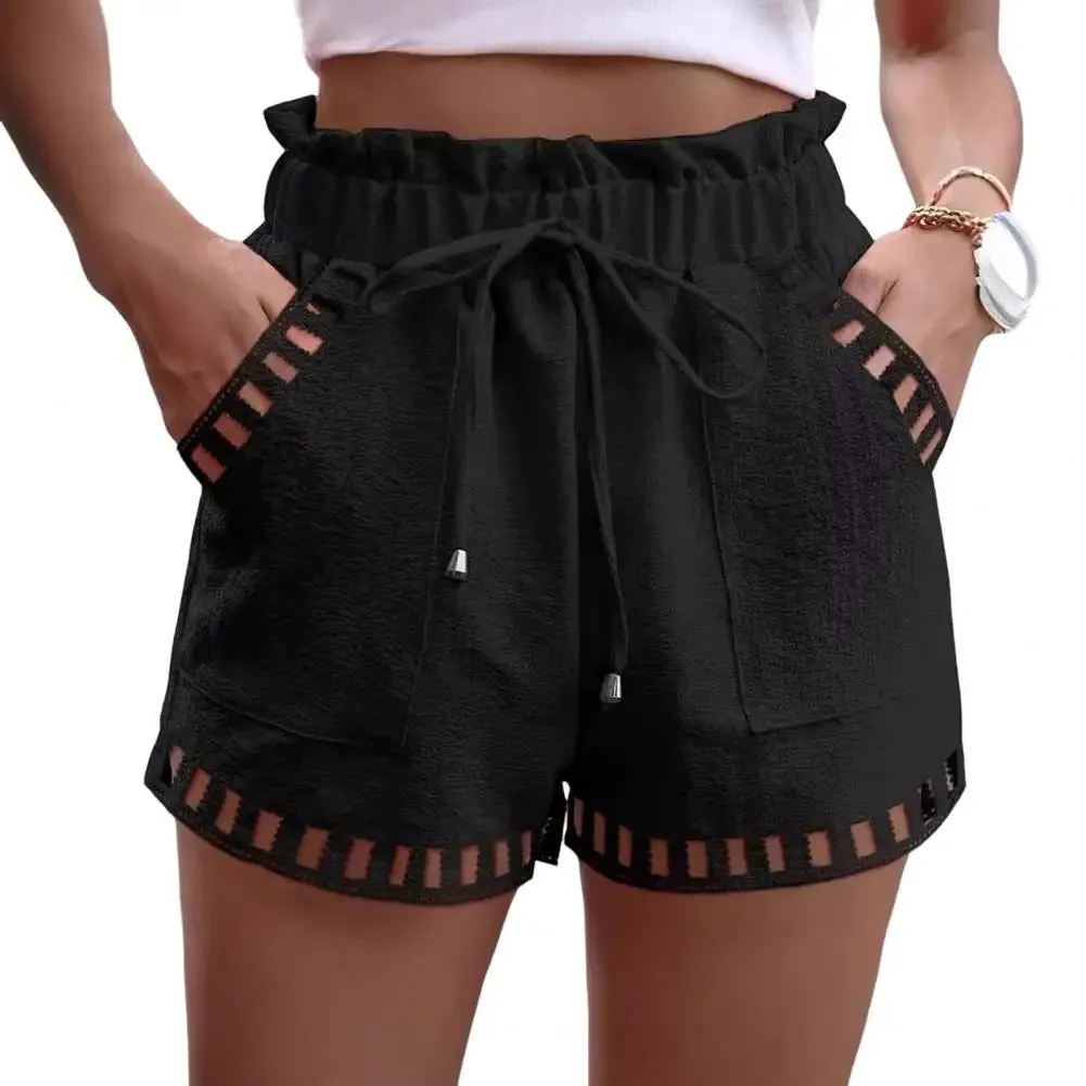 Casual Cutout Stitching Stylish Summer Shorts with Drawstring Elastic Waist and Side Pockets for Women