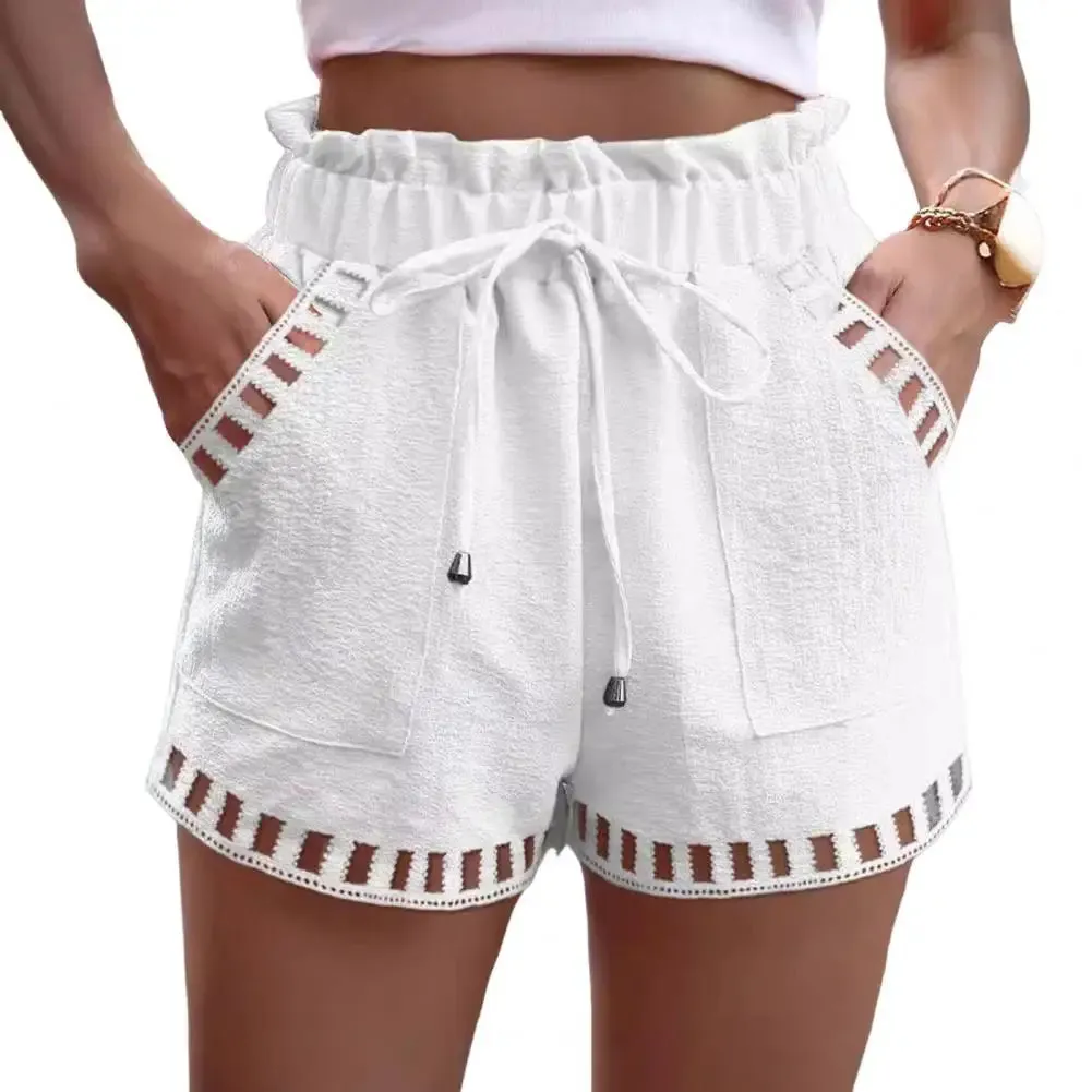 Casual Cutout Stitching Stylish Summer Shorts with Drawstring Elastic Waist and Side Pockets for Women