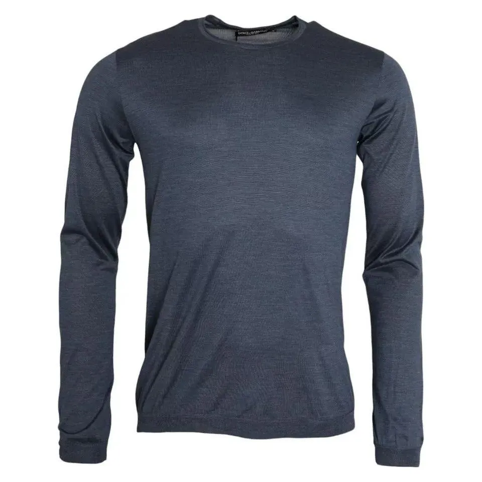 Dolce & Gabbana Dark Blue Silk Round Neck Pullover Sweater