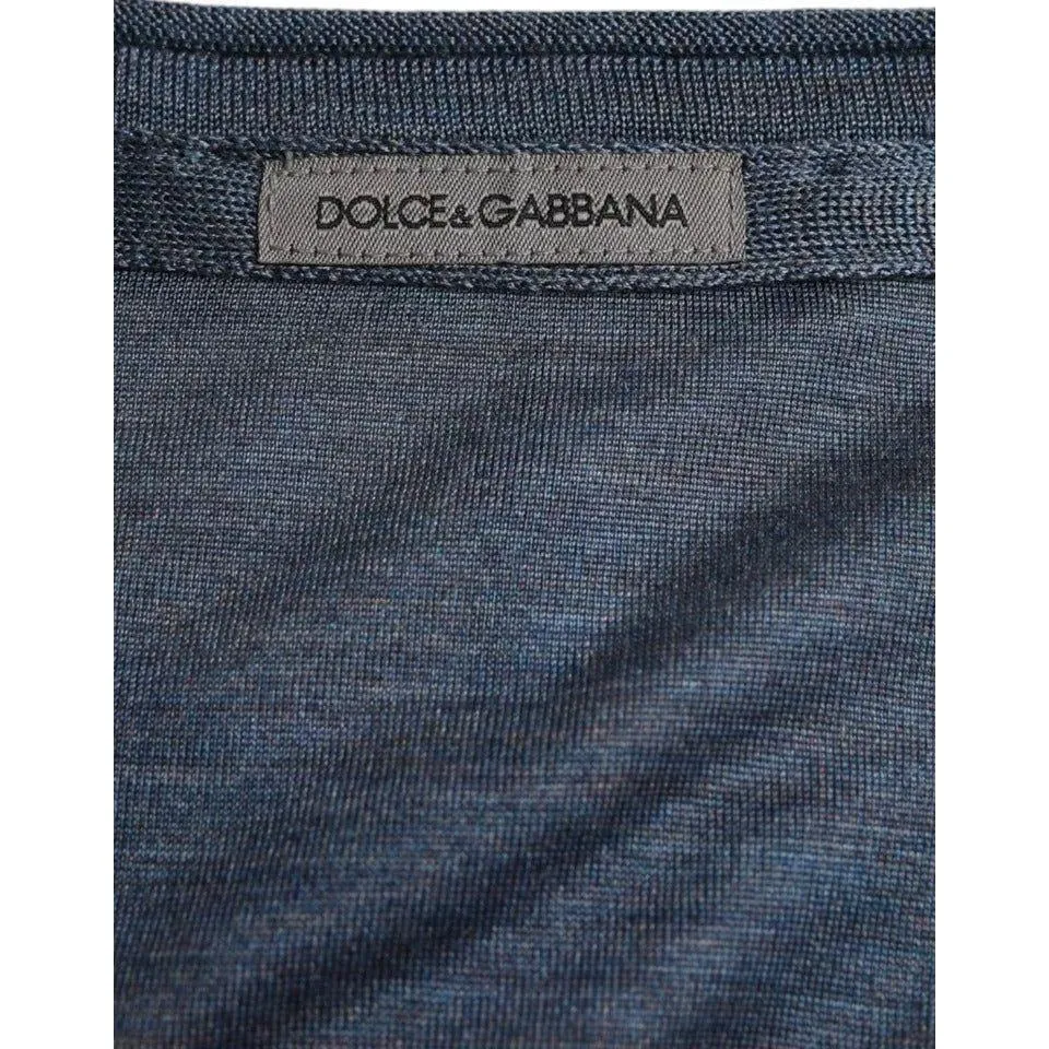 Dolce & Gabbana Dark Blue Silk Round Neck Pullover Sweater