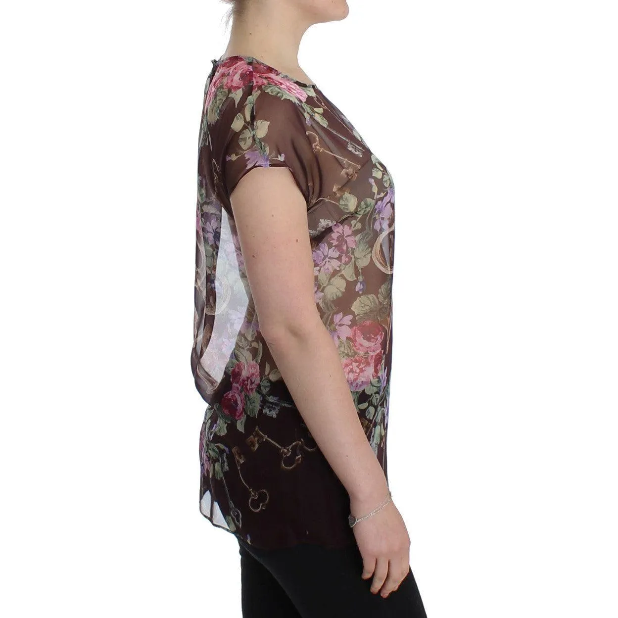 Dolce & Gabbana Elegant Floral Silk Blouse with Cap Sleeves