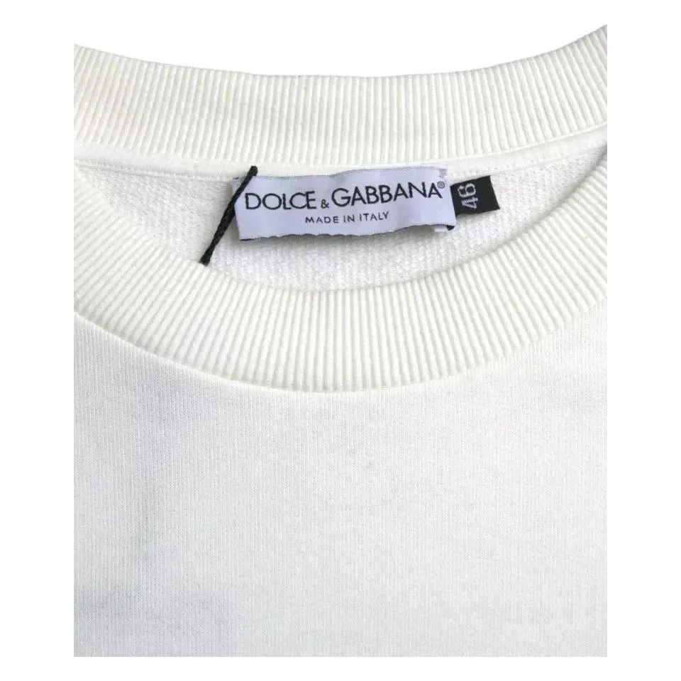 Dolce & Gabbana White Logo Cotton Crew Neck Pullover Sweater