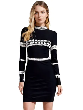 Elegant Long Sleeve Bandage Diamond Black Mini Dress Women