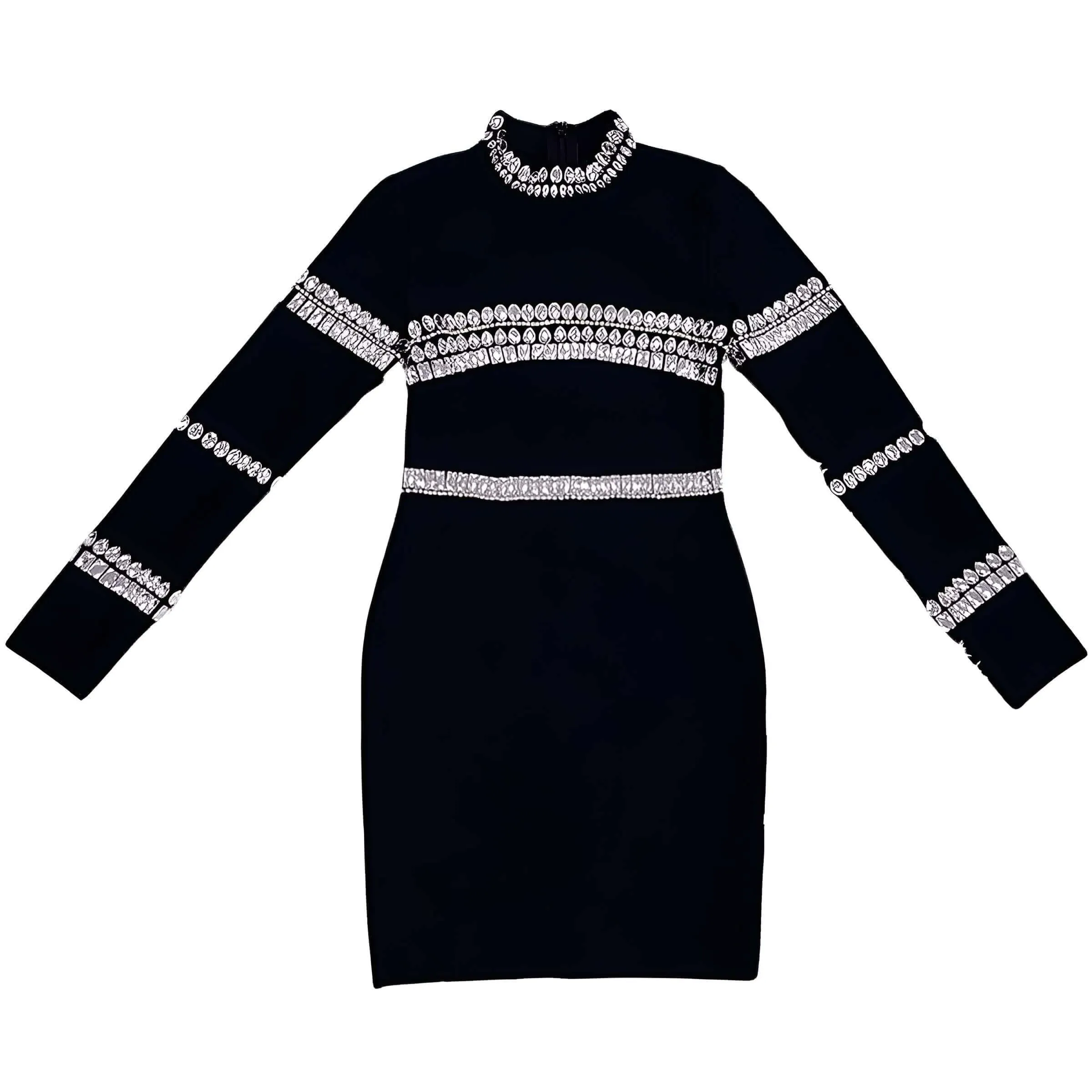 Elegant Long Sleeve Bandage Diamond Black Mini Dress Women