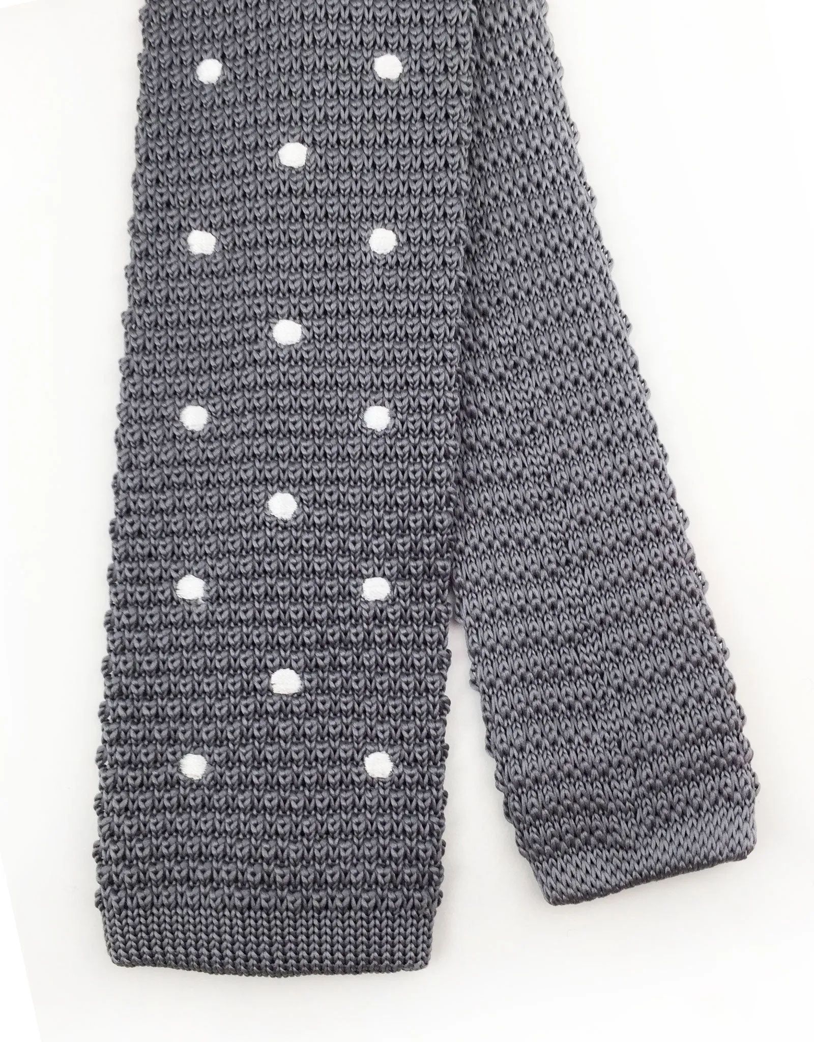 Gray Skinny Knit Tie with Silvery White Polka Dots