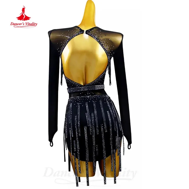 Latin Dance Competition Dresses Customized Rhinestone Tassel Sexy Backless Dress Women Tango Rumba Chacha Performance Costumes