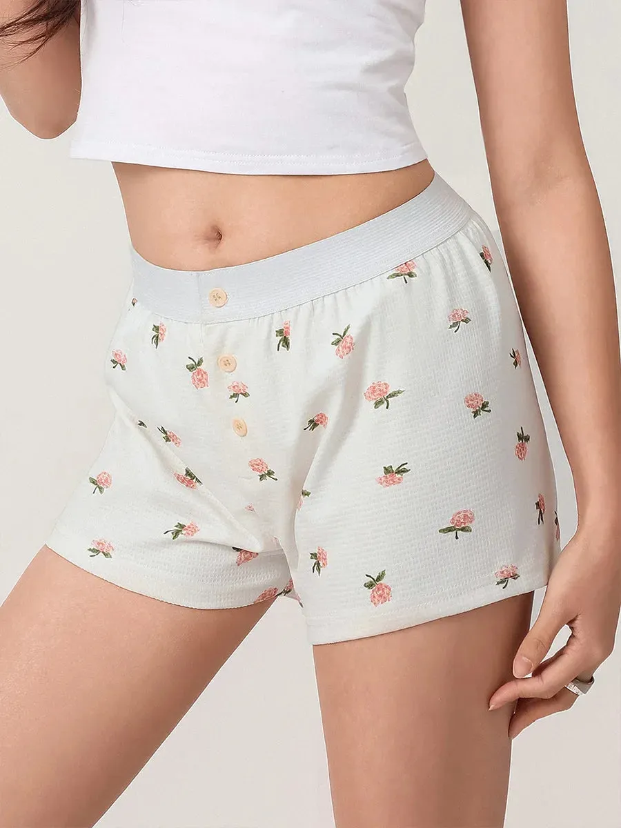 Lounge Floral Print Elastic Button Sleepwear Boxer Briefs Pj Bottoms Sleep Comfy Short