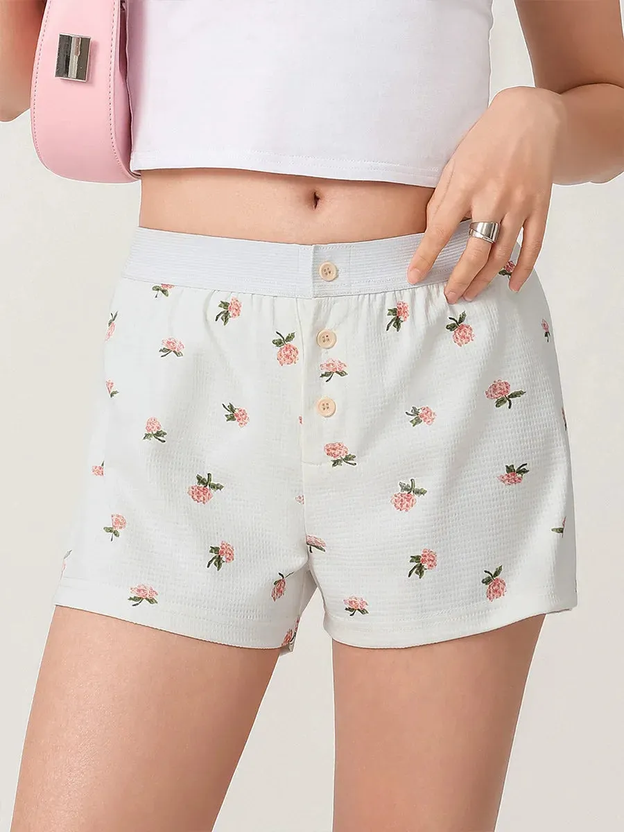 Lounge Floral Print Elastic Button Sleepwear Boxer Briefs Pj Bottoms Sleep Comfy Short