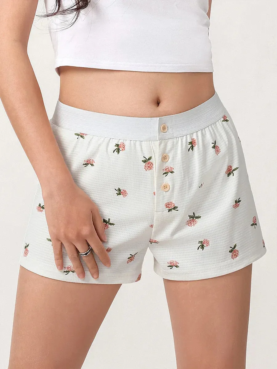 Lounge Floral Print Elastic Button Sleepwear Boxer Briefs Pj Bottoms Sleep Comfy Short