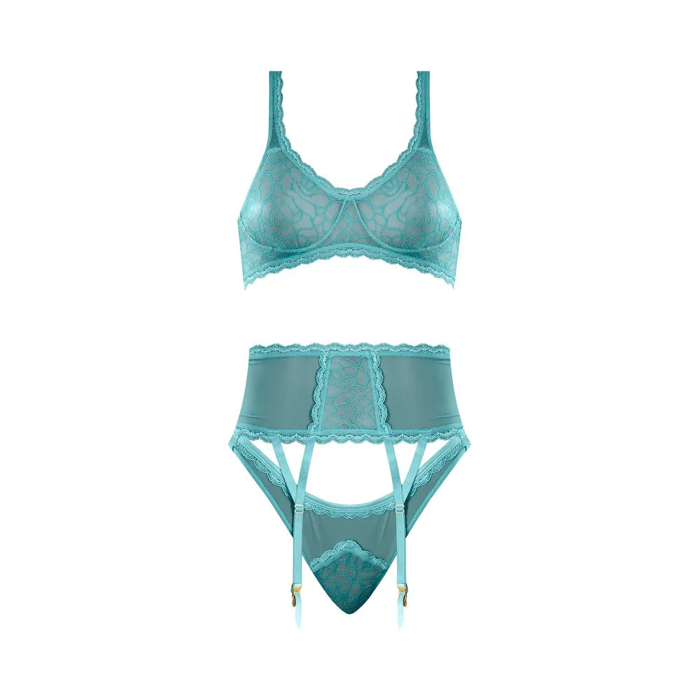 Magic Silk Soft Petals Floral Mesh Bralette with Waist Cincher, Garter Straps & Cheeky Panty Aqua