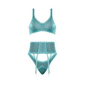 Magic Silk Soft Petals Floral Mesh Bralette with Waist Cincher, Garter Straps & Cheeky Panty Aqua