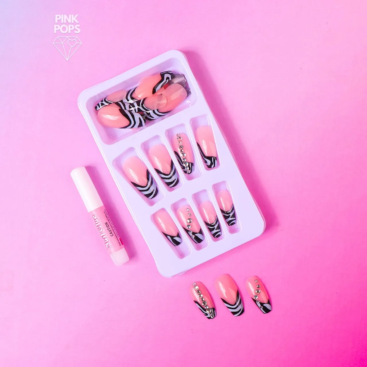 Pink & Black Zebra Faux Nail