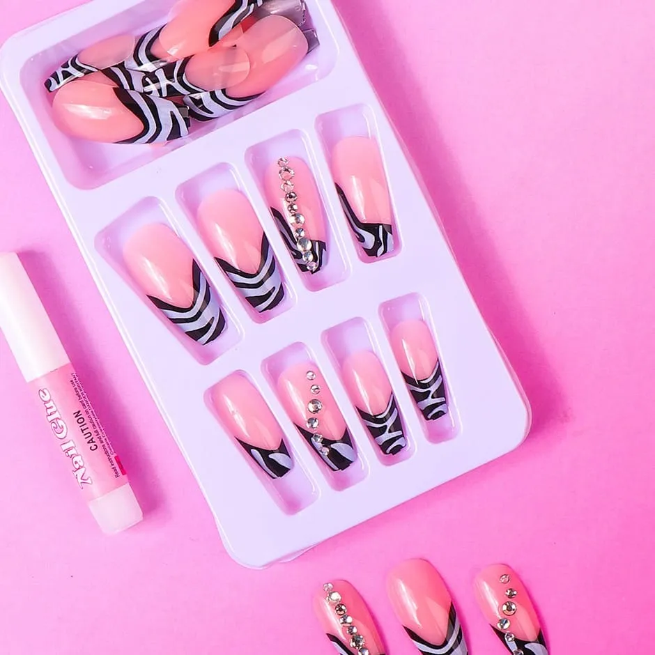 Pink & Black Zebra Faux Nail