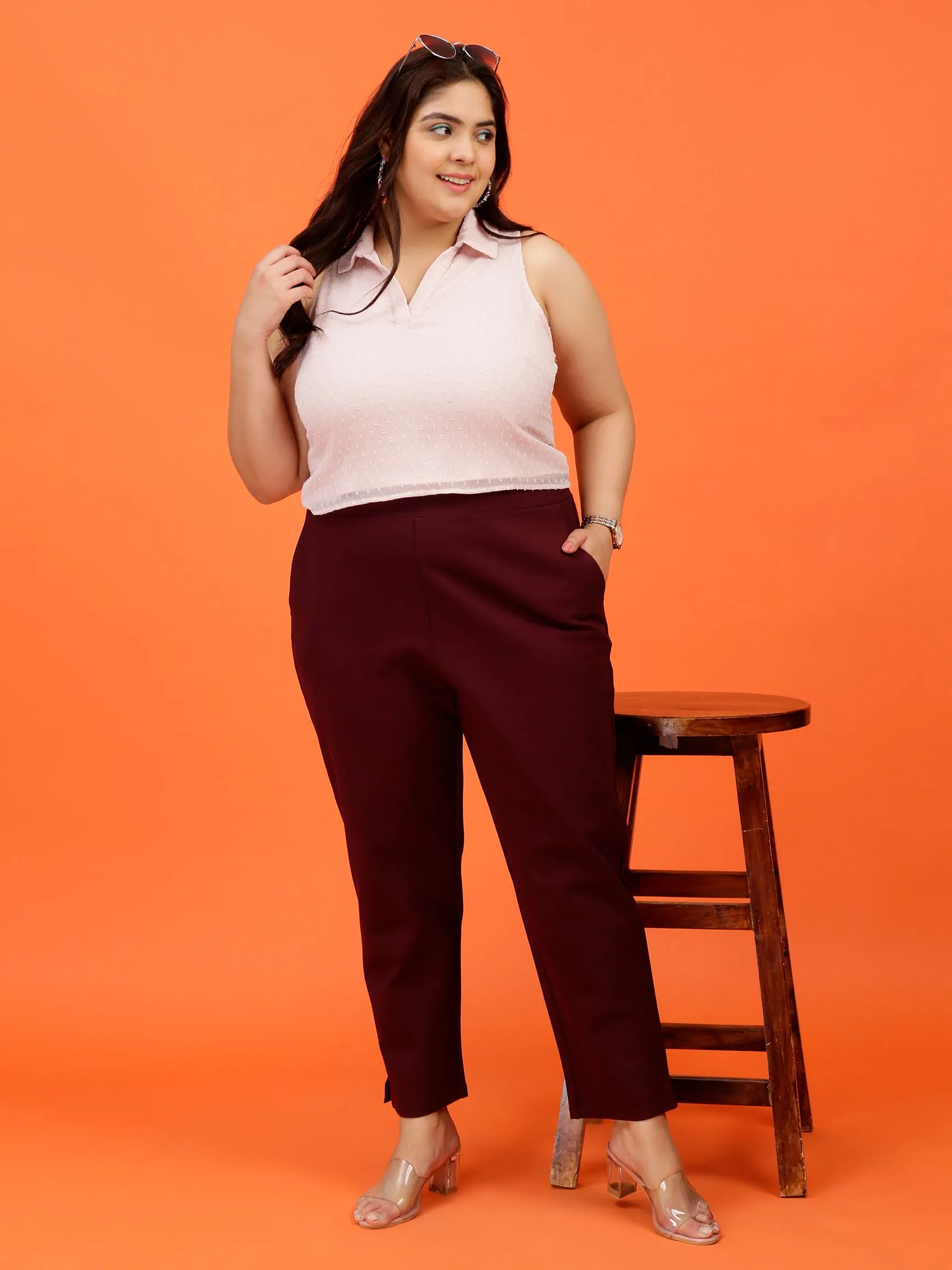 Plus Size Women Maroon Cigarette Pants