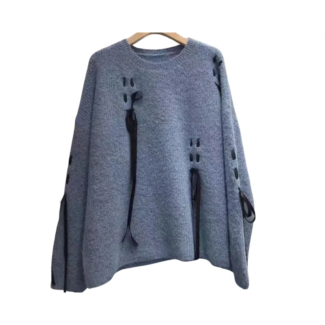 Pre Order:  Bow Tie Round Neck Loose Knitted Sweater