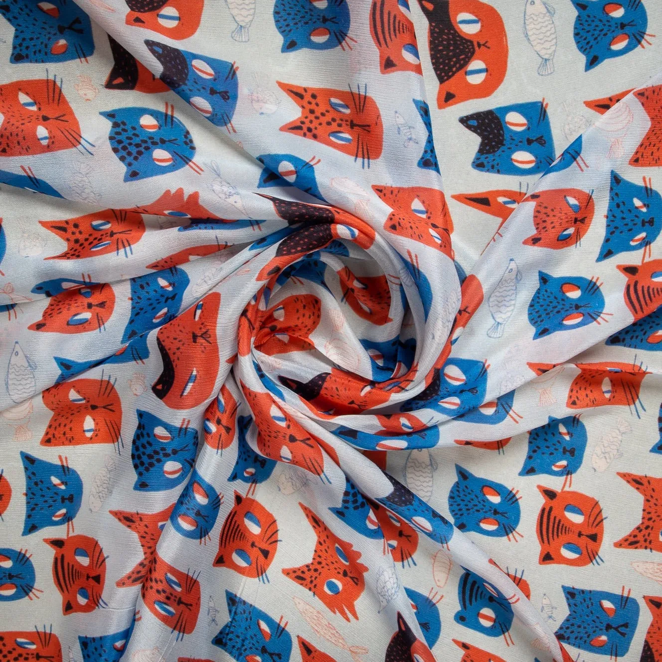 Red Blue Quirky Print Chinnon Chiffon Fabric