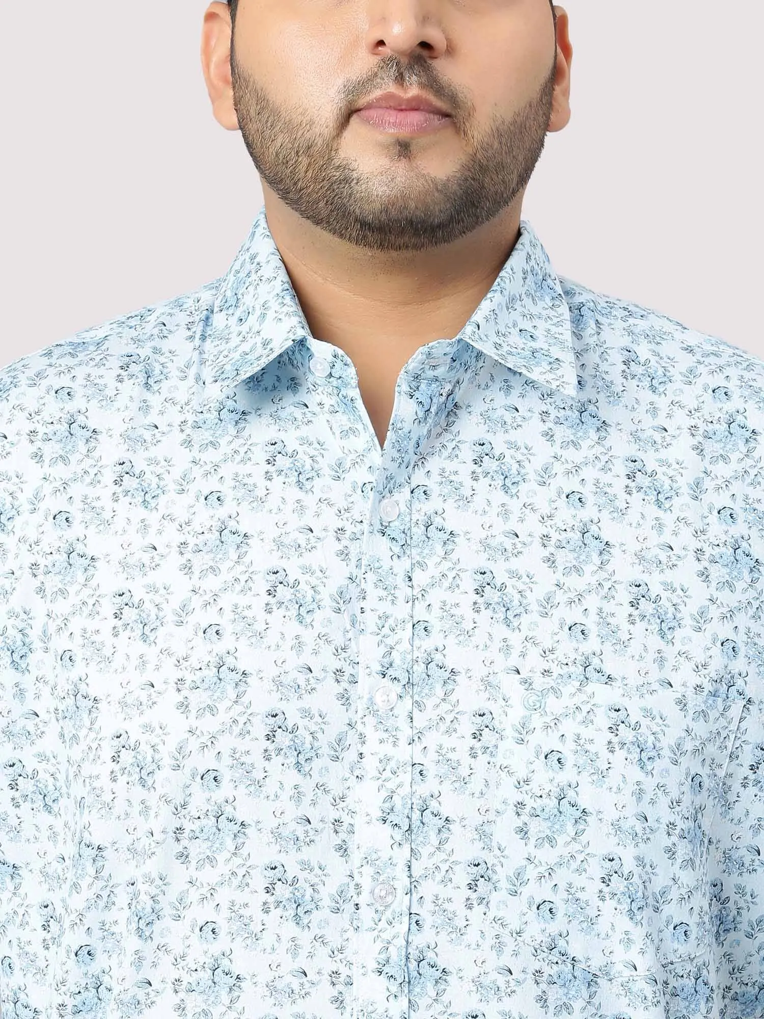 Sky Blue Floral Print Half Sleeve Shirt Men's Plus Size