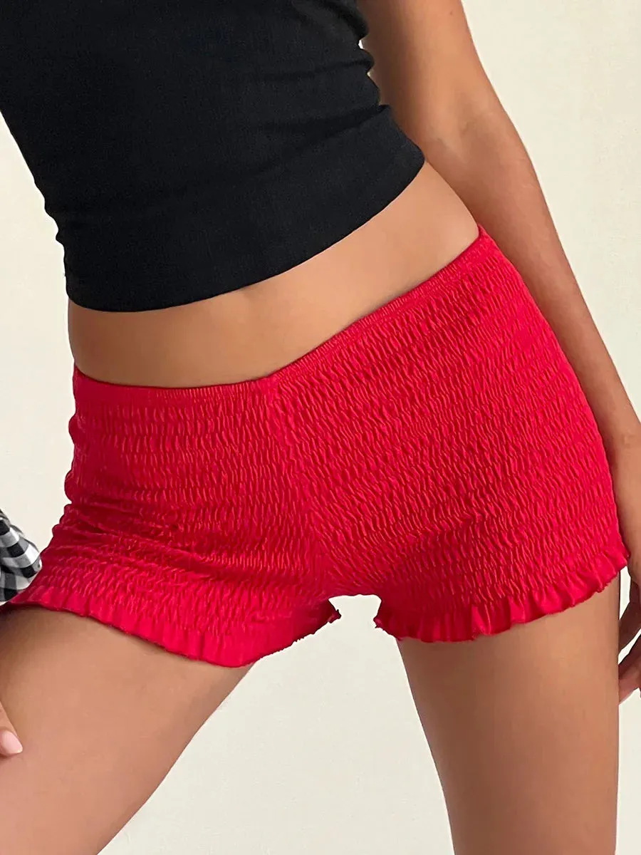 Smocked Tight Summer Casual Basic Micro Boxer Slim Elastic Waist Ruffle Streetwear Shirred Short