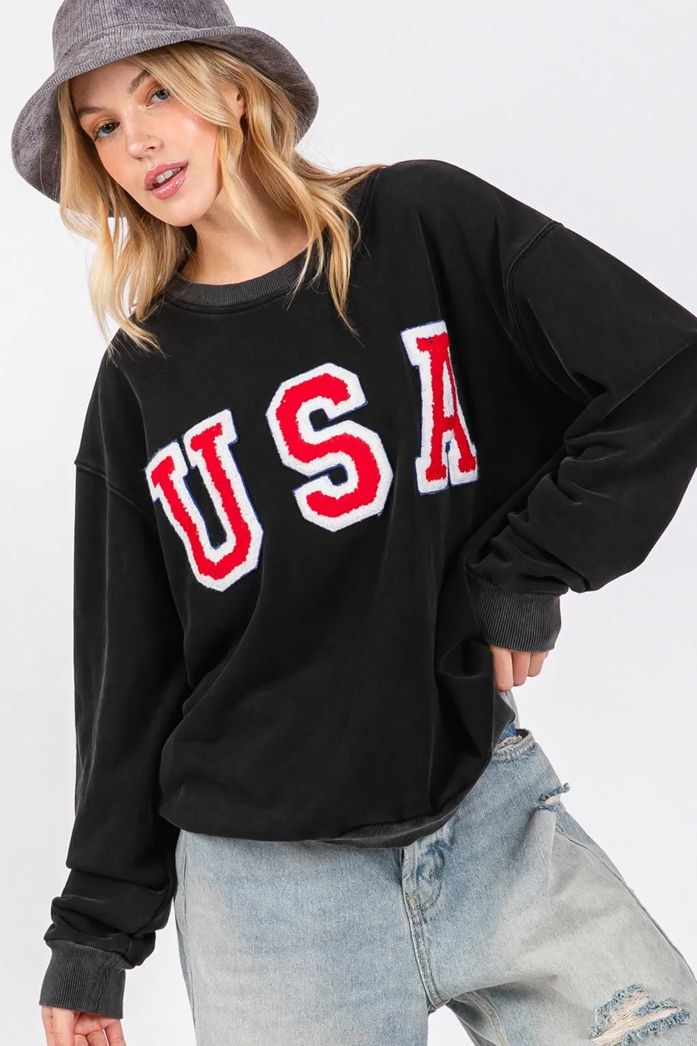 USA Letter Patch Round Neck Sweatshirt