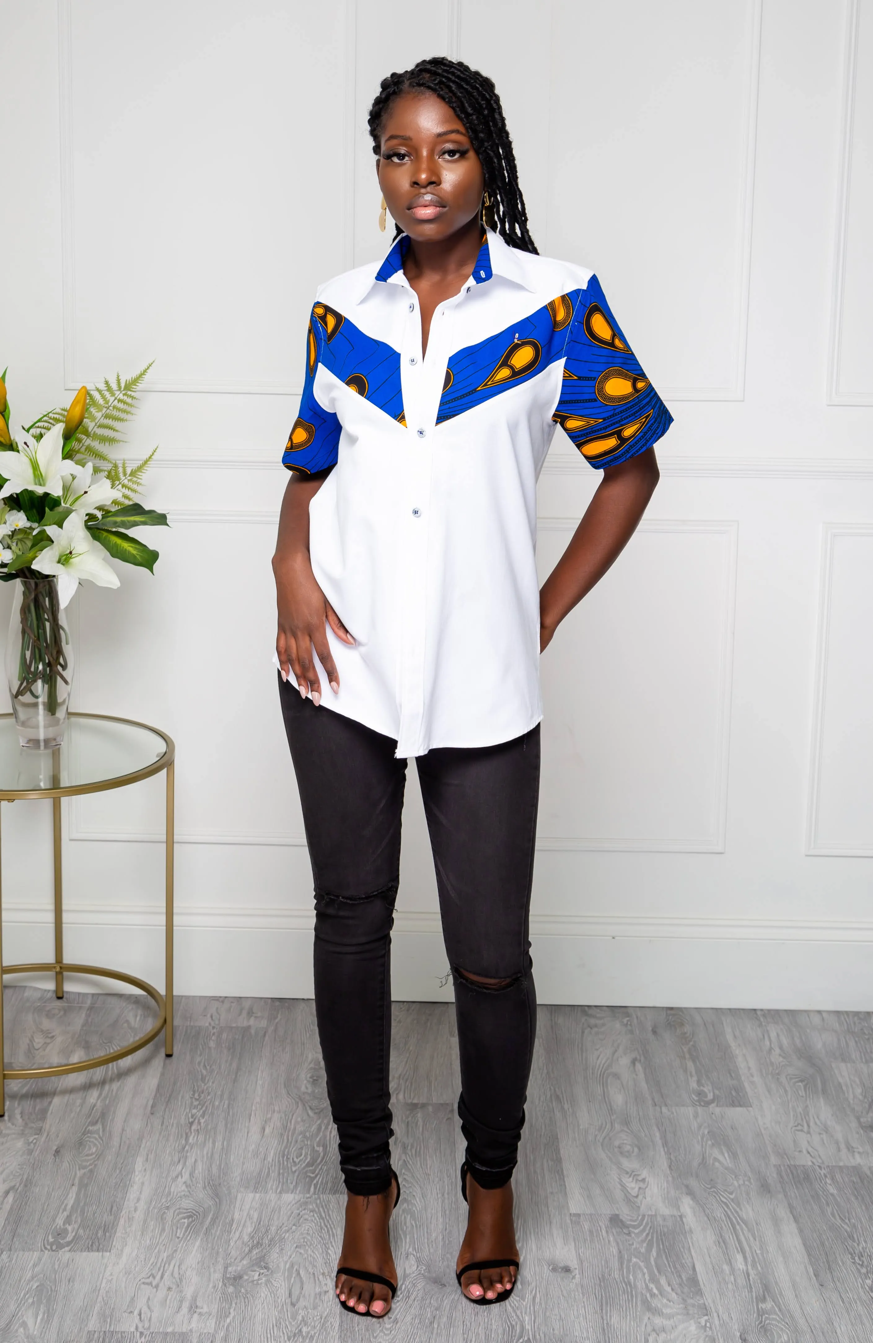 V-Shaped Ankara Shirt for Women | Unisex Short Sleeve African Print Shirt - ELLA