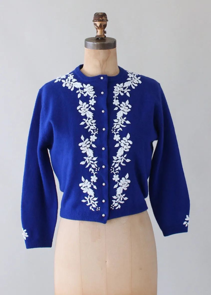 Vintage 1960s Blue and White Beaded Cardigan