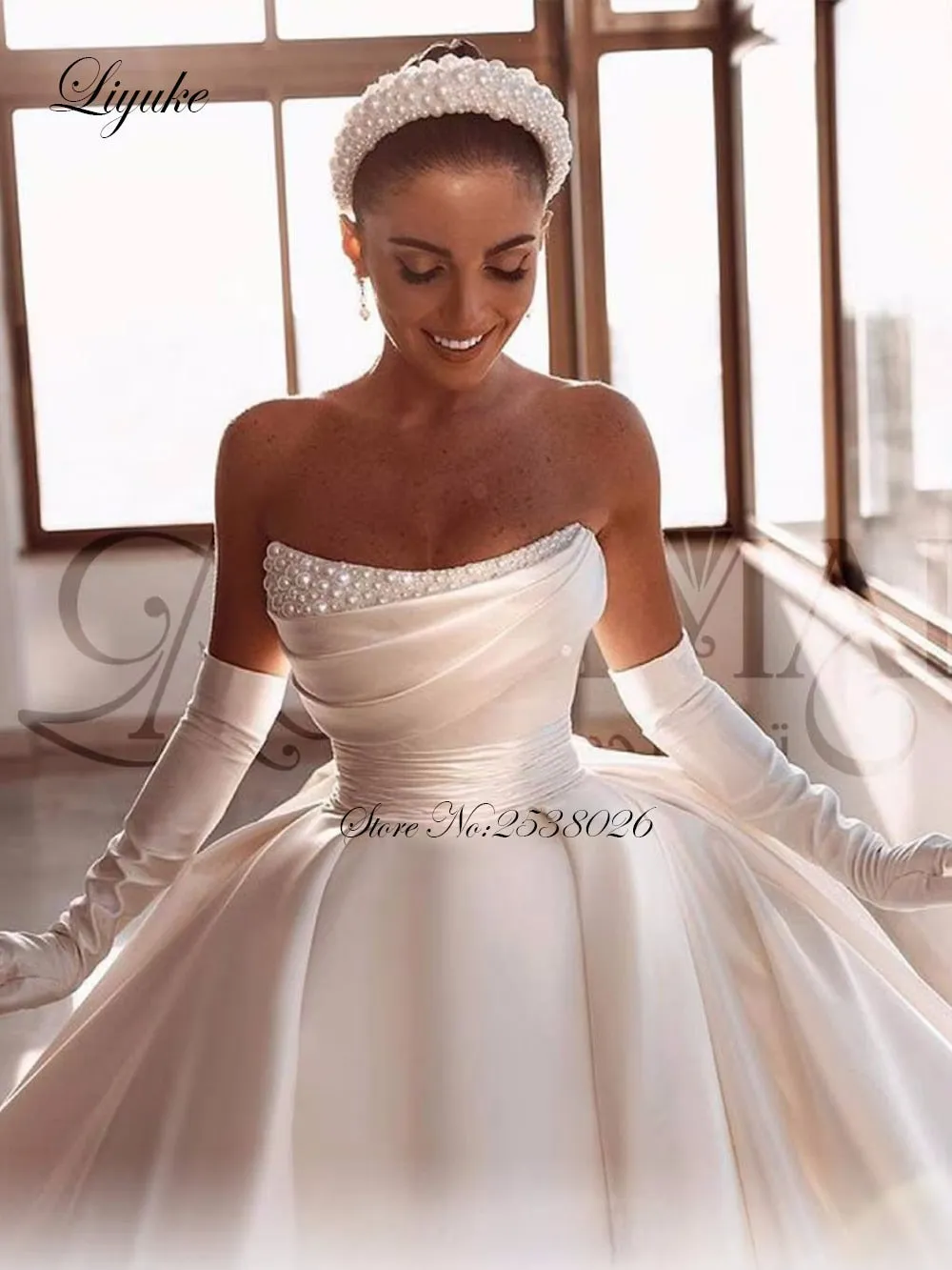 Wedding Dress Tiered Satin Ball Gown  Robe De Marriage Sleeveless Beading Pearls Off The Shoulder Bridal  Skirts