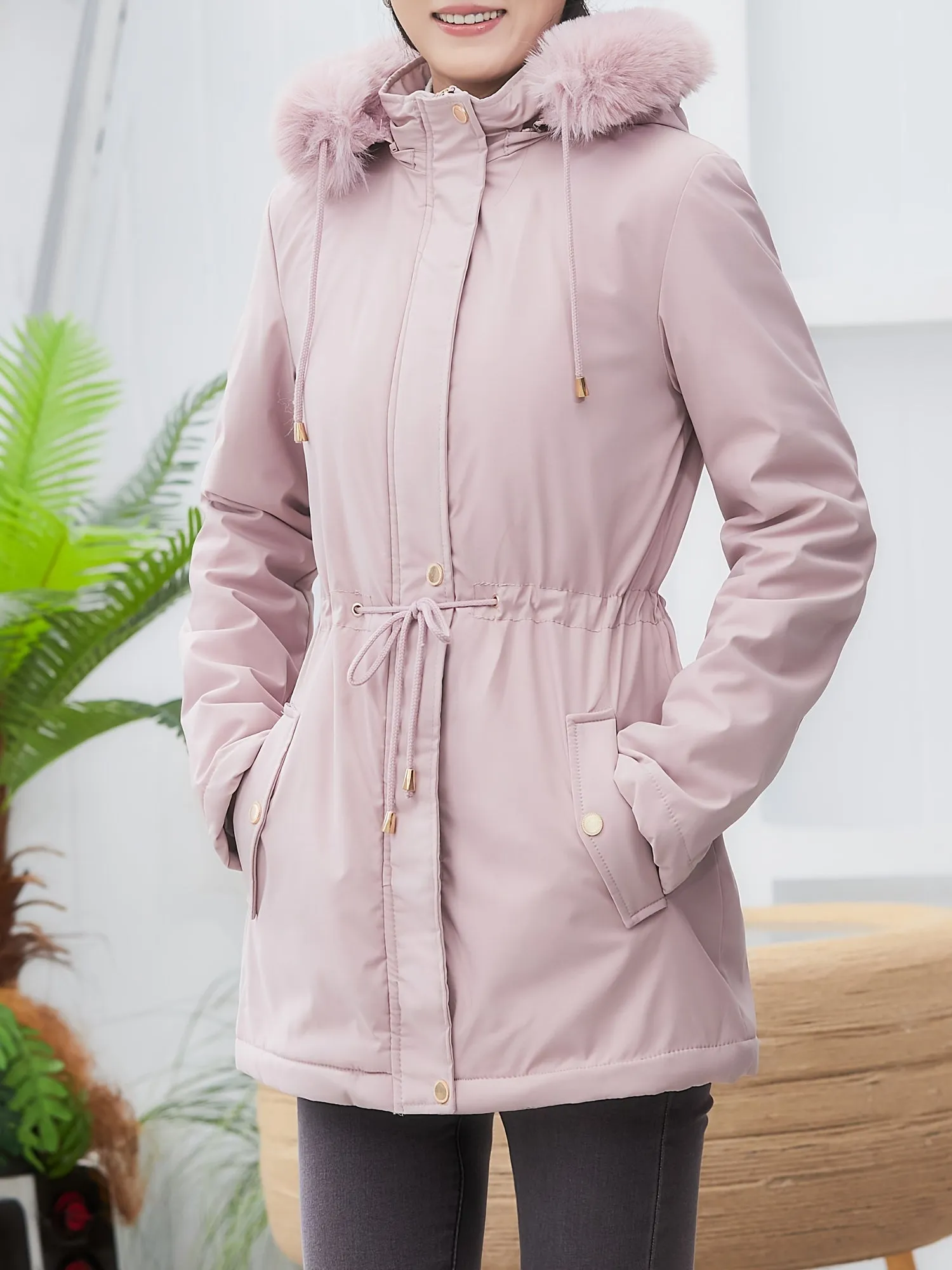 Women's Winter Casual Warm Long Sleeve Fashion Casual Mid-length Plush Lined Warm Hooded Jacket