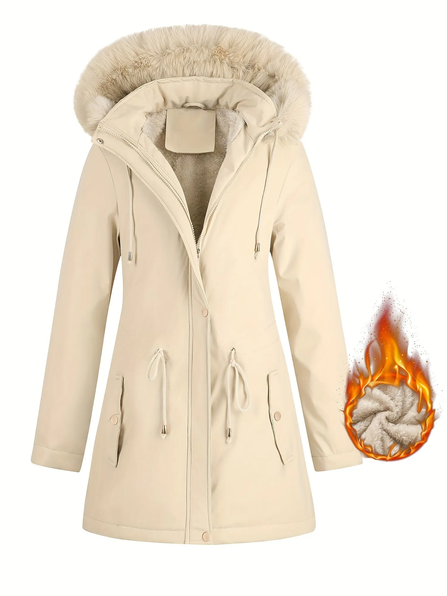 Women's Winter Casual Warm Long Sleeve Fashion Casual Mid-length Plush Lined Warm Hooded Jacket