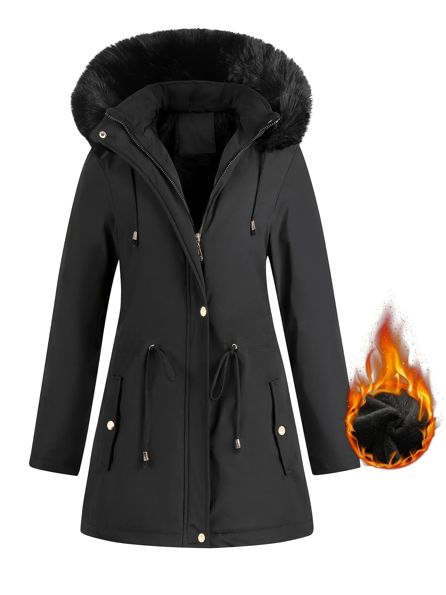 Women's Winter Casual Warm Long Sleeve Fashion Casual Mid-length Plush Lined Warm Hooded Jacket